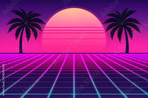 Fototapeta Naklejka Na Ścianę i Meble -  Retro futuristic 80s style sunset with palm trees and grid background for design