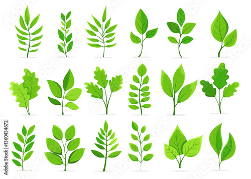Realistic green leaves and branches on a white background. different types of lush foliage with veins for design, eco projects, cosmetic pakaging