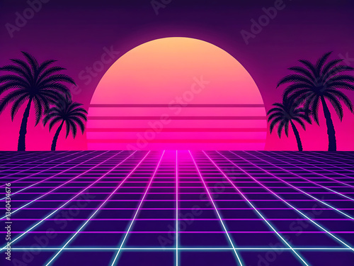 Retro futuristic 80s style background with neon grid and palm trees for digital design