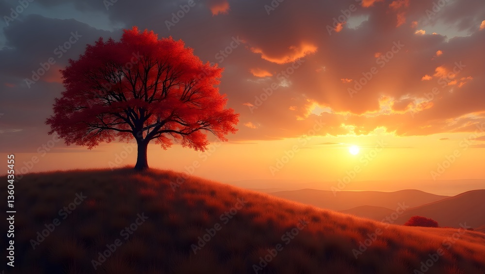 Fototapeta premium A Lone Tree on a Hill Against a Fiery Autumn Sky