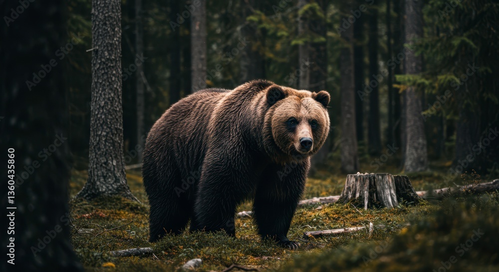 Brown bear looking at viewer in dark forest. Wildlife animal in natural habitat. Outdoor predator concept for environmental protection and nature documentaries. Brown bear looking at viewer in dark forest. Wildlife animal in natural habitat. Outdoor predator concept for environmental protection and nature documentaries.