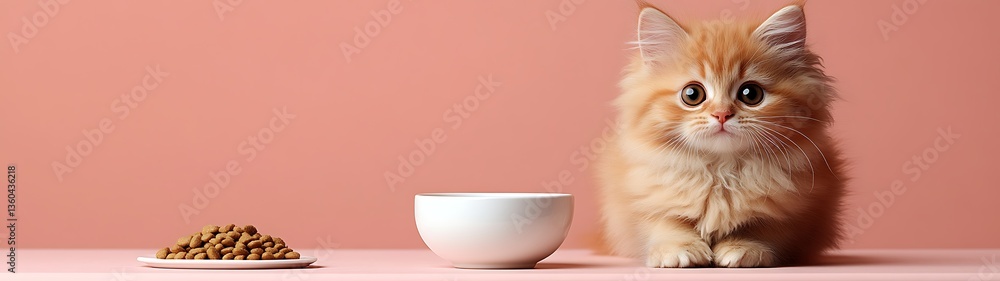 A cute orange kitten looks at camera near food and a bowl A cute orange kitten looks at camera near food and a bowl