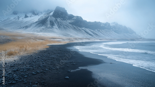 Breathtaking Icelandic landscape showcases the harmony of icy cliffs, dark shores, and tranquil waves under a moody sky in winter's embrace