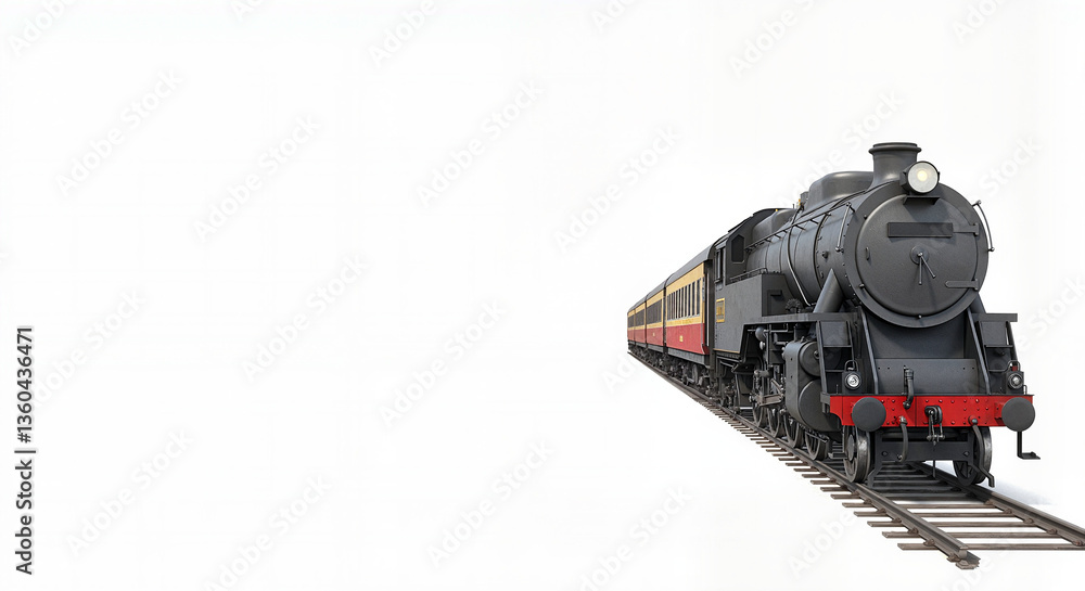 Obraz premium Vintage steam train moving on tracks against a white background, copy space 