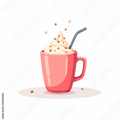 Delicious dessert with whipped cream in pink mug, joyful indulgence