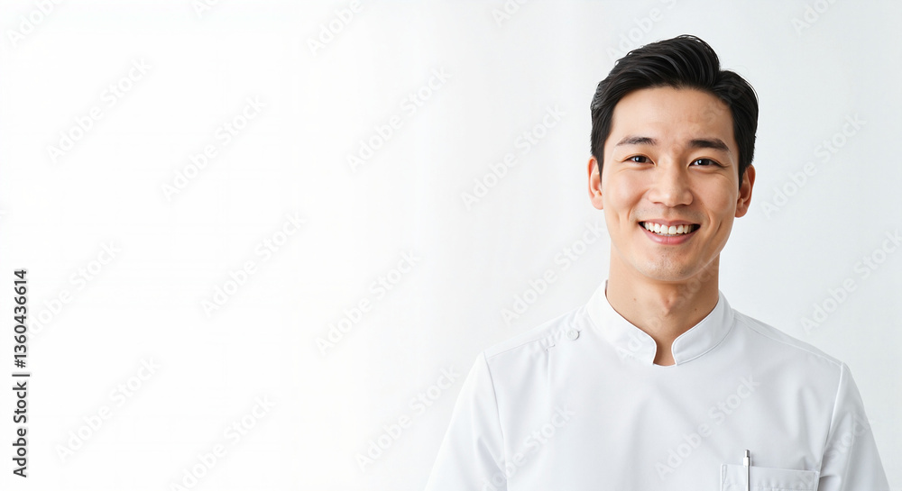 Smiling male chef in a white uniform against a light background, copy space  