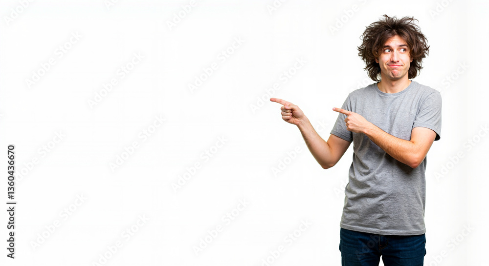 Young man pointing happily against a blank background, copy space Young man pointing happily against a blank background, copy space