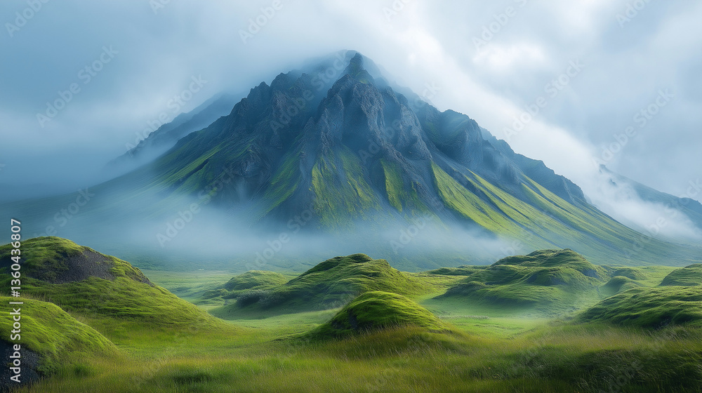 Fototapeta premium Majestic Icelandic landscape showcasing a mystical mountain enveloped in mist under a soft, ethereal sky