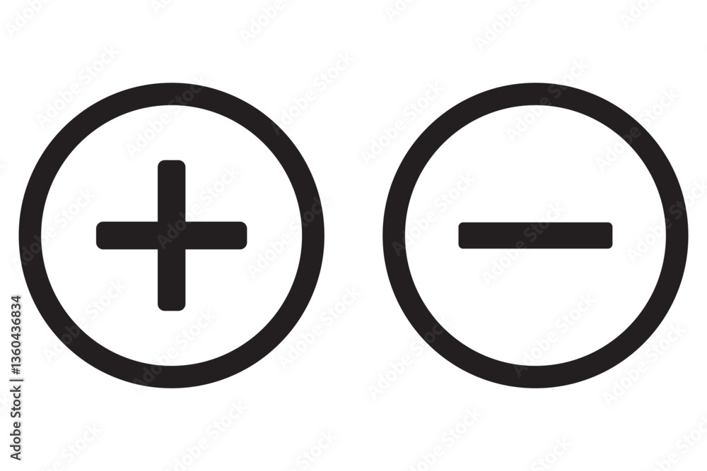 Plus, minus, add and subtract icon set in simple and stroke style in circle with black and white color. Plus and minus or add and subtract flat icons for apps and websites. Plus and minus sign set. Plus, minus, add and subtract icon set in simple and stroke style in circle with black and white color. Plus and minus or add and subtract flat icons for apps and websites. Plus and minus sign set.