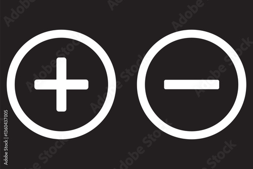 Plus and Minus icon shape button set. Add, zoom, cross, positive logo symbol. Cancel, delete, exit negative line sign 
