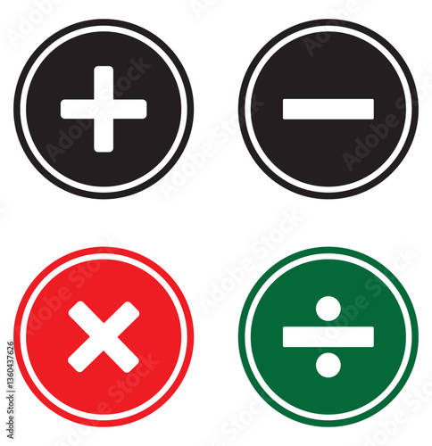 Isolate Black Math Icon set, Plus, Minus, Multiply, Divide Outline Icons symbol, Math and Education illustration, Modern minimal Graphic elements, Vector stock