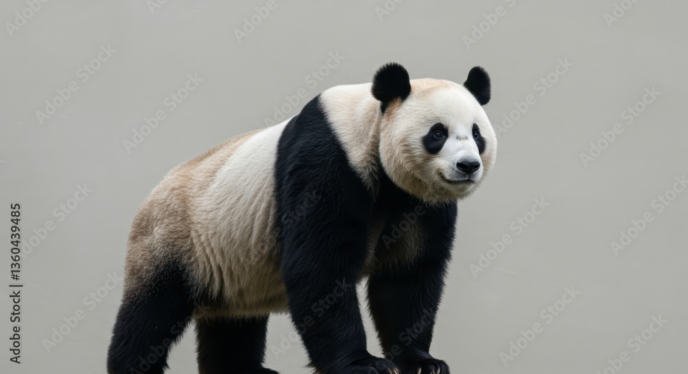 Obraz premium Adorable panda bear standing on ground, wildlife animal with black and white fur for background decoration and conservation project awareness, zoo poster element
