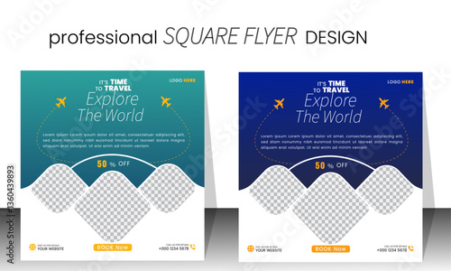 Explore the world modern creative travel social media post web banner square flyer design template ,Digital advertising illustration, promotion 