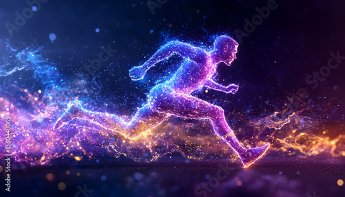 Energetic runner, dynamic motion, dark background, speed