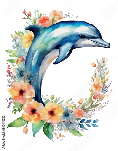 A watercolor painting of a dolphin jumping out of flowers.