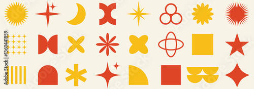 A collection of brutalist inspired figures designed with geometric shapes and simple symbols like stars and spirals for decorative use.