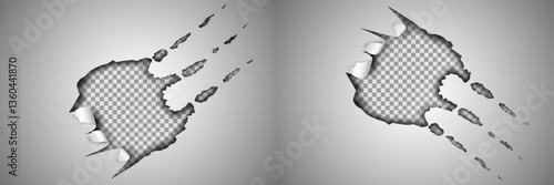 Realistic set of animal claw marks isolated on transparent background. Vector illustration of tiger, cat, bear, Halloween monster paw scratch trace on surface. Wild beast or dragon attack laceration
