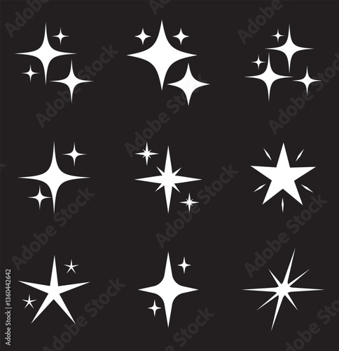 Twinkling stars icon vector set. Shiny sparks icon. Minimalist twinkle star shape symbols. Modern geometric elements, shining star icon set. Twinkling spark and burst icons set