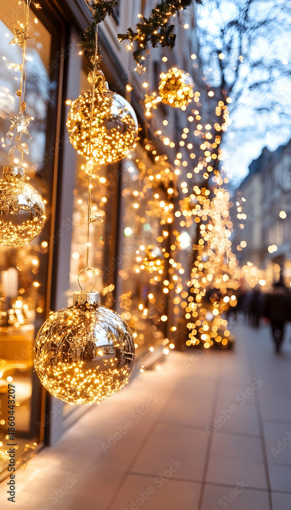 Festive lights illuminate city street at dusk Festive lights illuminate city street at dusk