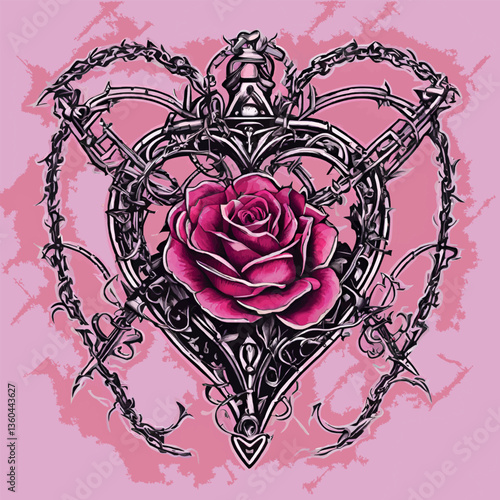 Y2k Gothic pink hearts with barbed wire. Perfect Gothic hearts in 2000s style. Pink Emo goth tattoo stickers flamed