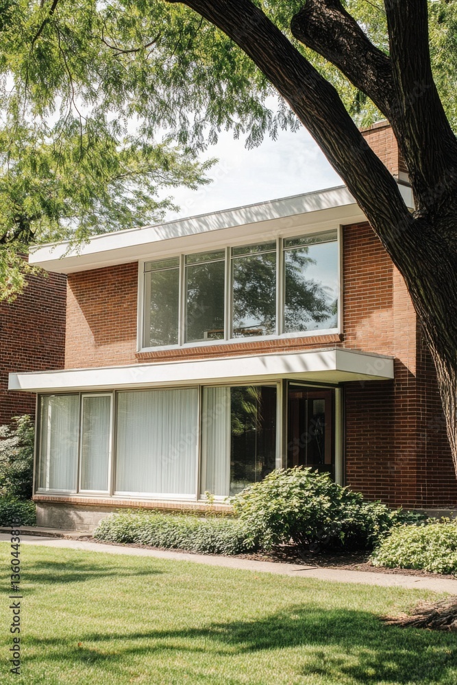 Modern architectural design of a brick house featuring large windows and lush landscaping on a sunny day in a suburban neighborhood Modern architectural design of a brick house featuring large windows and lush landscaping on a sunny day in a suburban neighborhood