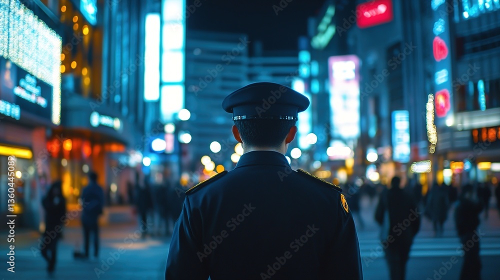 A police officer facing away, wearing a dark uniform and cap, standing on a city street at night, with a blurred background of neon lights and crowds