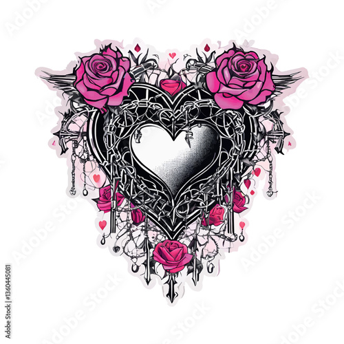 Y2k Gothic pink hearts with barbed wire. Perfect Gothic hearts in 2000s style. Pink Emo goth tattoo stickers flamed