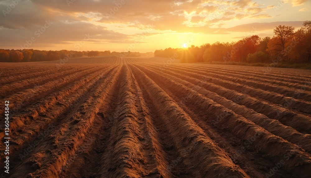 Obraz premium Plowed field at sunset. Autumnal landscape features rows brown earth, trees, hills, sky. Golden sunlight, warm tones, peaceful serene rural countryside harvest scene.