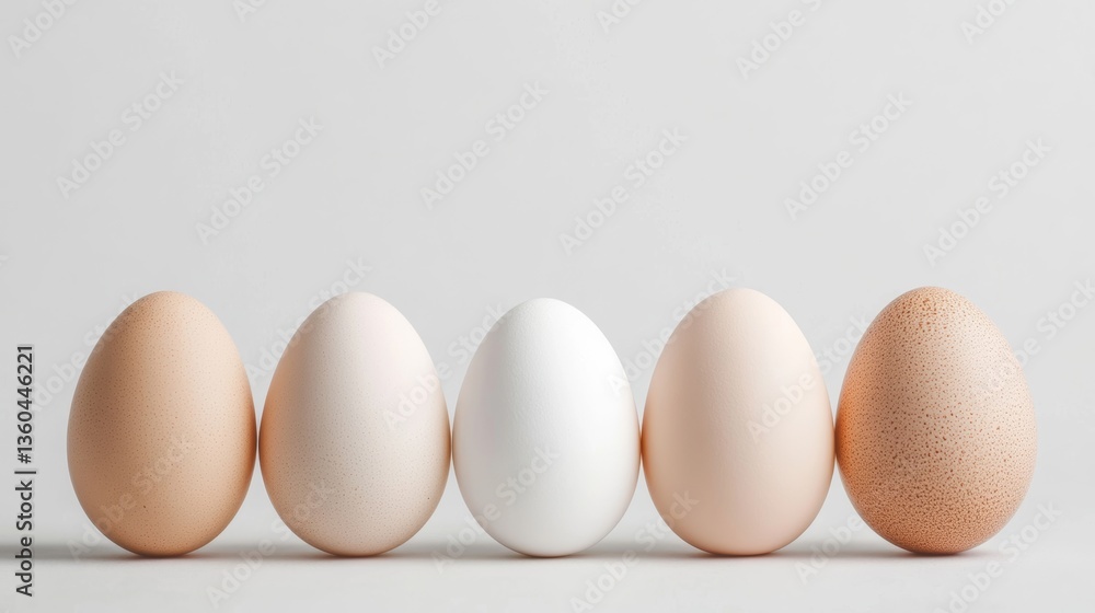 Display of different colored eggs lined up on a neutral background showcasing variations in shades and textures Display of different colored eggs lined up on a neutral background showcasing variations in shades and textures