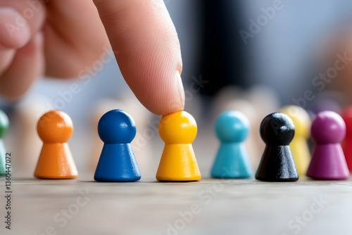 Finger Selecting a Player from Colorful Game Pieces on Wood
