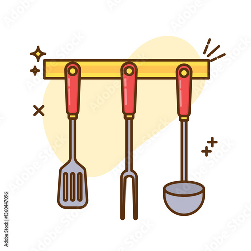 The image shows a cartoon illustration of three kitchen utensils hanging from a yellow rack. The rack is a simple horizontal bar.