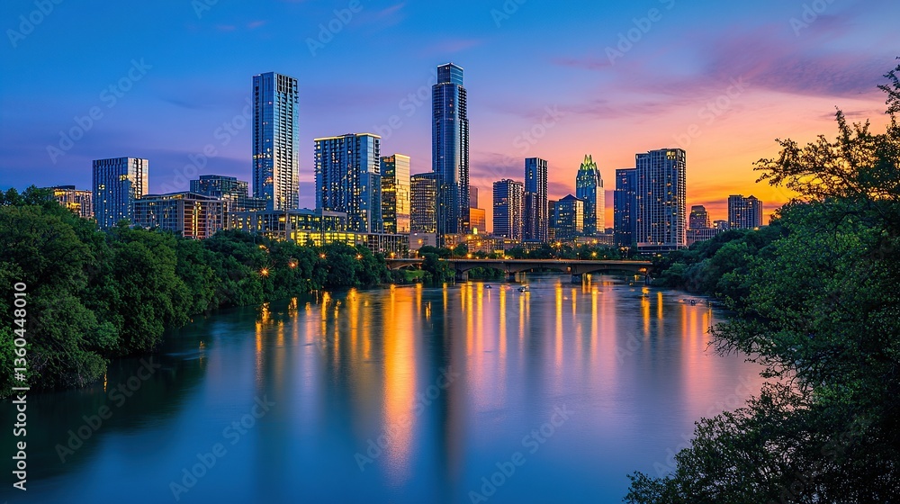 Front View of a City Skyline at Dusk, Lights Beginning to Glow Front View of a City Skyline at Dusk, Lights Beginning to Glow