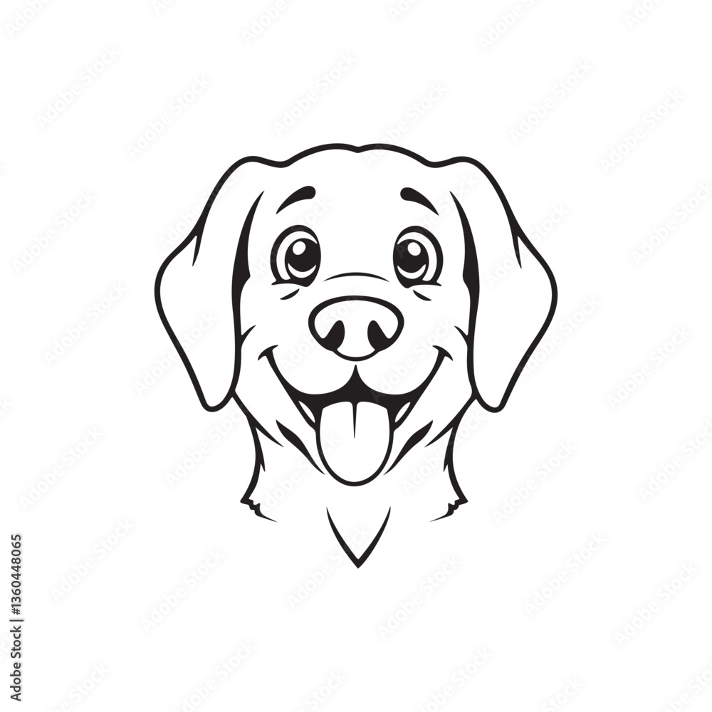 Fototapeta premium Cartoon dog face, happy expression, black and white line drawing