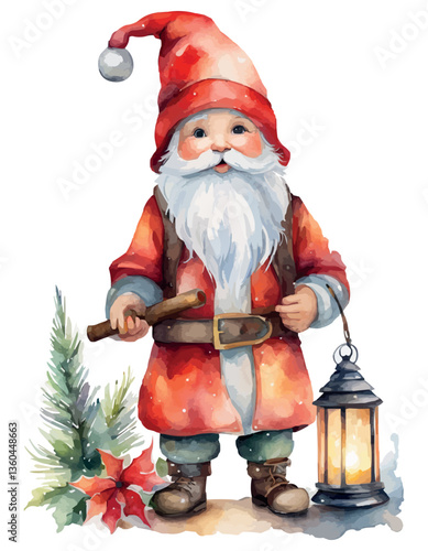 Cute Christmas gnome with lantern, pole, tree. Watercolor vector.