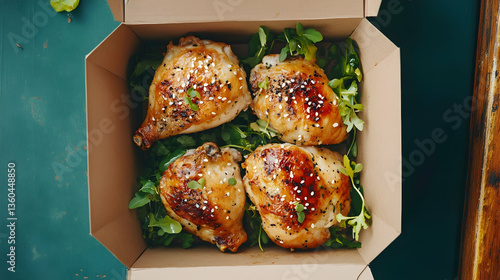 Top-down view of roasted chicken in a takeaway box emphasizing healthy and convenient meals