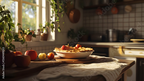 Traditional apple crumble pie served in a warm and inviting kitchen setting
