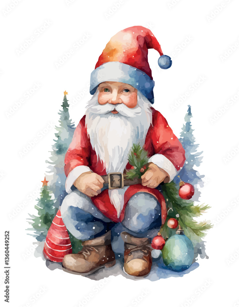 Cute Christmas gnome with lantern, pole, tree. Watercolor vector. Cute Christmas gnome with lantern, pole, tree. Watercolor vector.