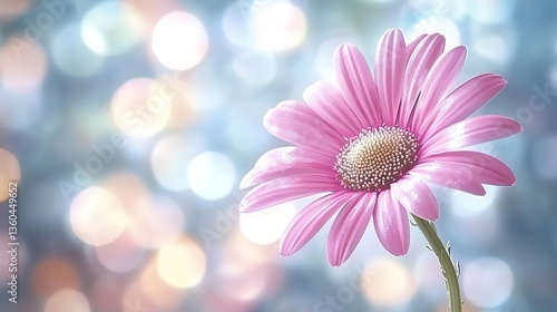 A close-up of a pink daisy flower with delicate petals, surrounded by soft bokeh lights in pastel pink and peach tones, a blurred background with hints of other flowers