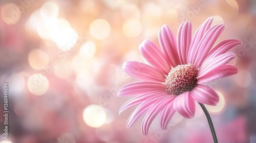 A close-up of a pink daisy flower with delicate petals, surrounded by soft bokeh lights in pastel pink and peach tones, a blurred background with hints of other flowers