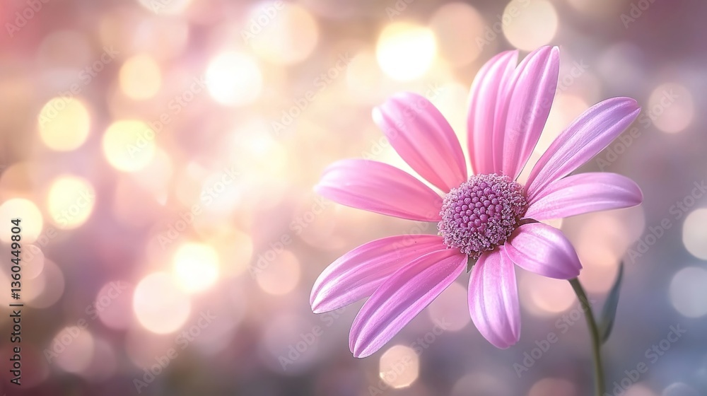A close-up of a pink daisy flower with delicate petals, surrounded by soft bokeh lights in pastel pink and peach tones, a blurred background with hints of other flowers A close-up of a pink daisy flower with delicate petals, surrounded by soft bokeh lights in pastel pink and peach tones, a blurred background with hints of other flowers