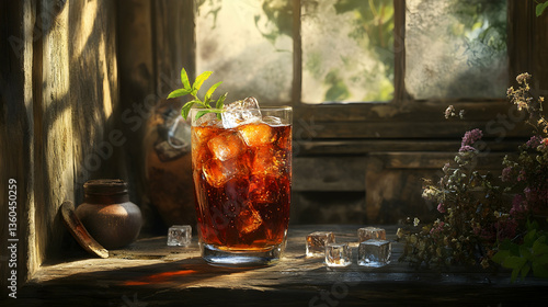 Refreshing cola with ice cubes in a rustic setting
