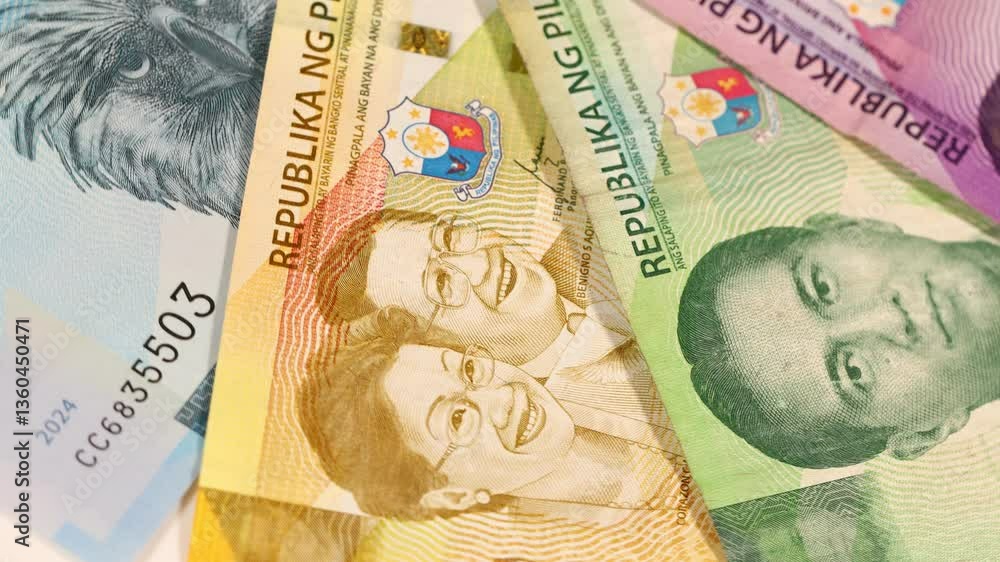 Philippines money. Philippine peso banknotes rotating. Symbol of financial success, winning the lottery, financial concept. close up, flat lay