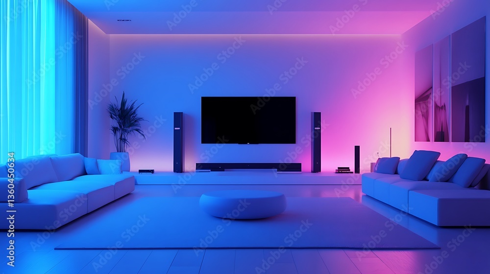 Modern living room with ambient lighting and minimalist furniture. Modern living room with ambient lighting and minimalist furniture.
