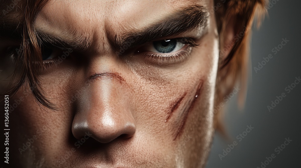 Obraz premium Intense close-up of man with scars showing determination, expression emphasizing depth, strength, and emotion in dramatic lighting