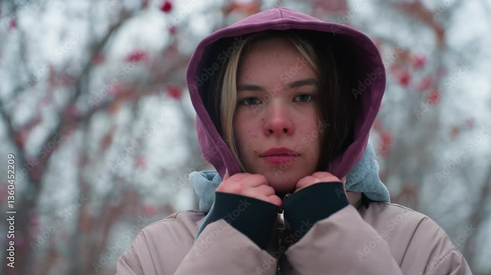 close up of young lady standing outdoors in winter jacket with sober look, holding hoodie collar, looking directly at camera, blurred trees in background, chilly weather, soft autumn atmosphere close up of young lady standing outdoors in winter jacket with sober look, holding hoodie collar, looking directly at camera, blurred trees in background, chilly weather, soft autumn atmosphere