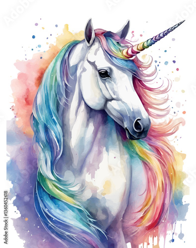 Unicorn head in wreath of flowers. Watercolor vector illustration.
