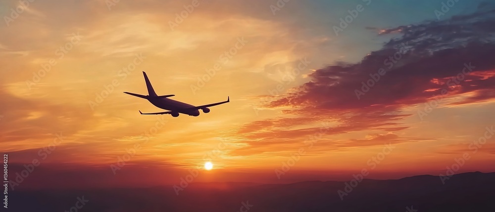 Fototapeta premium An airplane flying in the sky during sunset, with the sun below in the frame, sky filled with orange and pink clouds