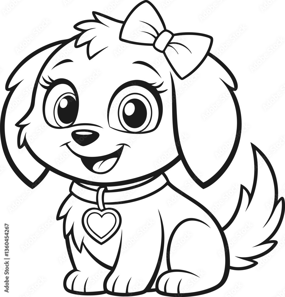 Fototapeta premium Cartoon Dog with Bow and Heart Collar Line Art Silhouette Vector.