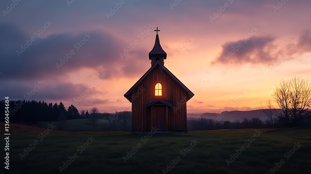 Fototapeta premium A serene wooden church illuminated at dusk, surrounded by nature and soft clouds.