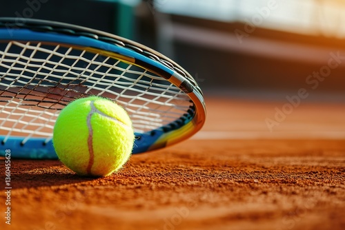Close-up of a tennis racket and ball on a red clay court with a blurred background